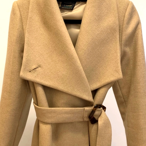 Mango Camel Wide Lapel Manteco Wool Belted Wrap Trench Coat - Picture 11 of 12
